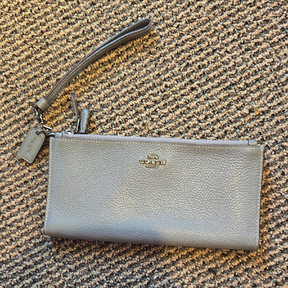 Coach Gray Pebbled Leather Wristlet Clutch